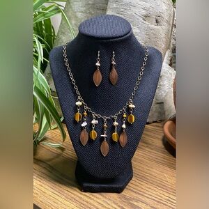 🍂Tiger’s Eye Jasper Bronze Leaf Necklace Earring Set